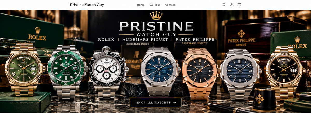 Pristine Watch Guy luxury watches: Rolex Day-Date 40, Submariner Hulk, Daytona, Audemars Piguet Royal Oak, Patek Philippe